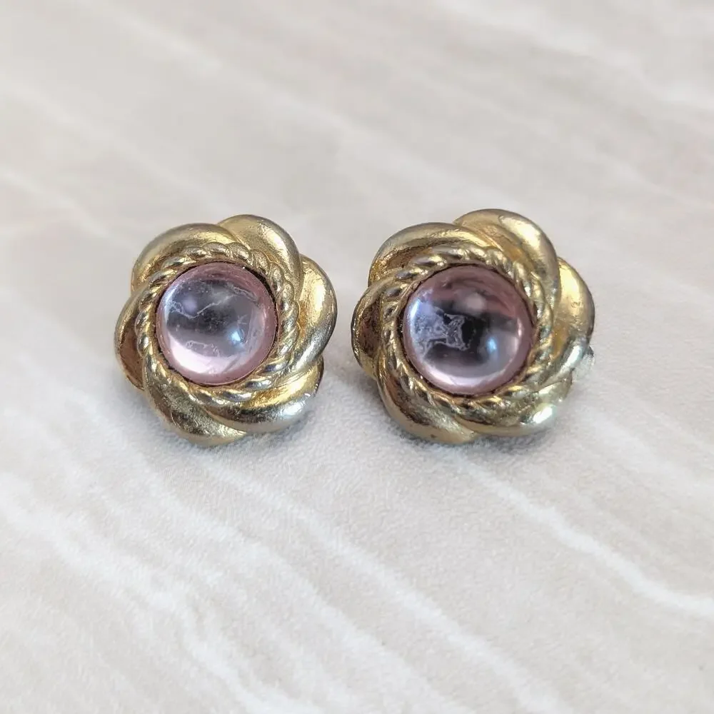 Vintage Clip On Earrings Gold Tone Flower Halo with Pink Cabochon Center
